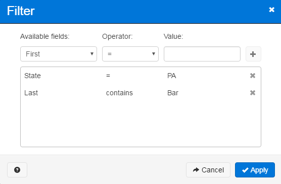 Filter Options dialog showing a filter on "first name contains 'matt'".